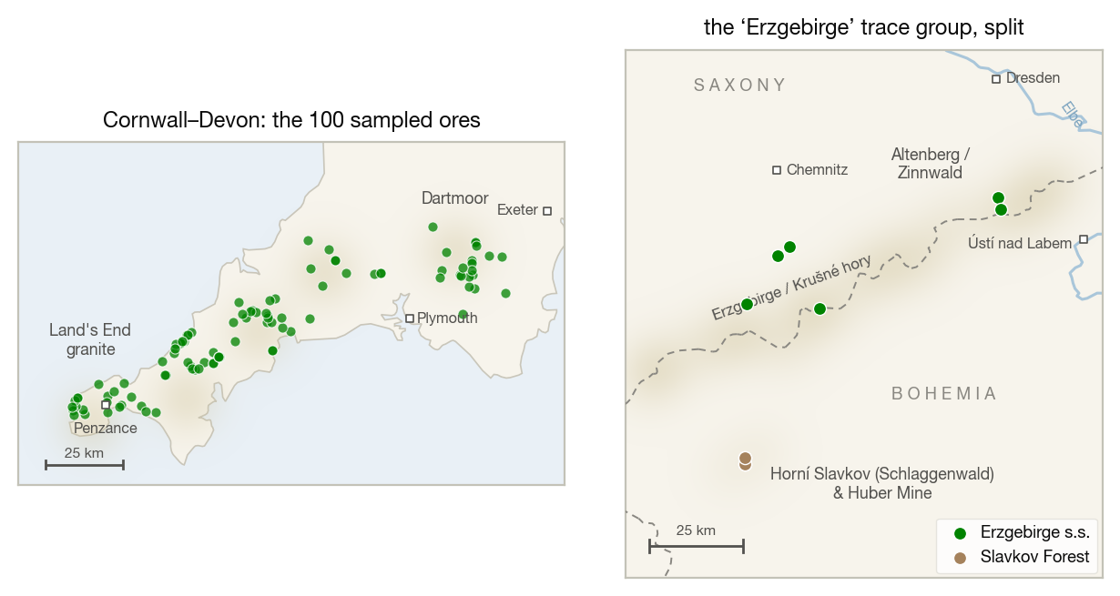 District maps: the Cornwall-Devon samples along the granite spine, and the Erzgebirge trace group split from the Slavkov Forest