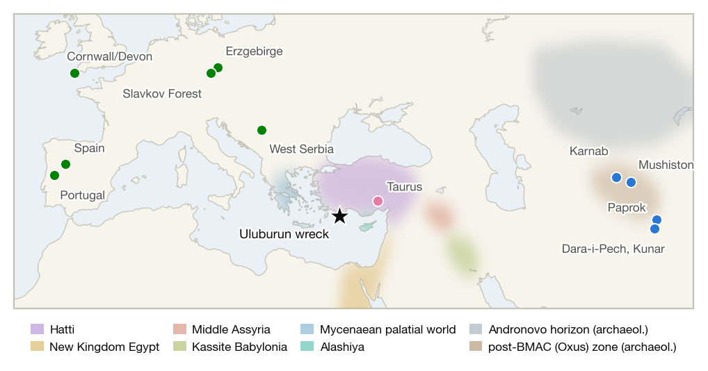 Candidate tin sources over the political landscape of c. 1320 BC