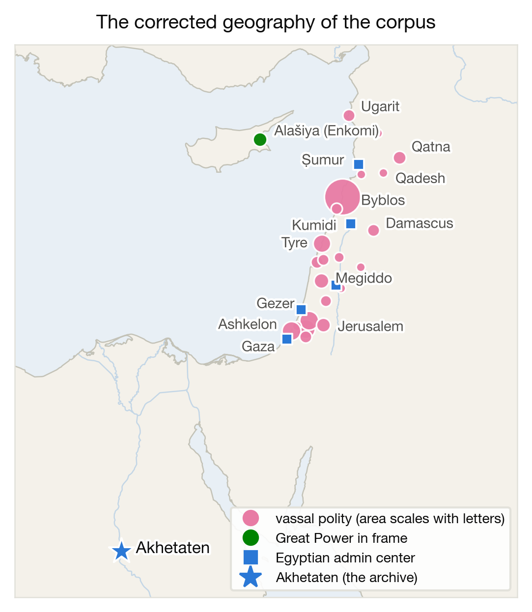Map of the eastern Mediterranean showing located vassal polities, Egyptian administrative centers, and Akhetaten